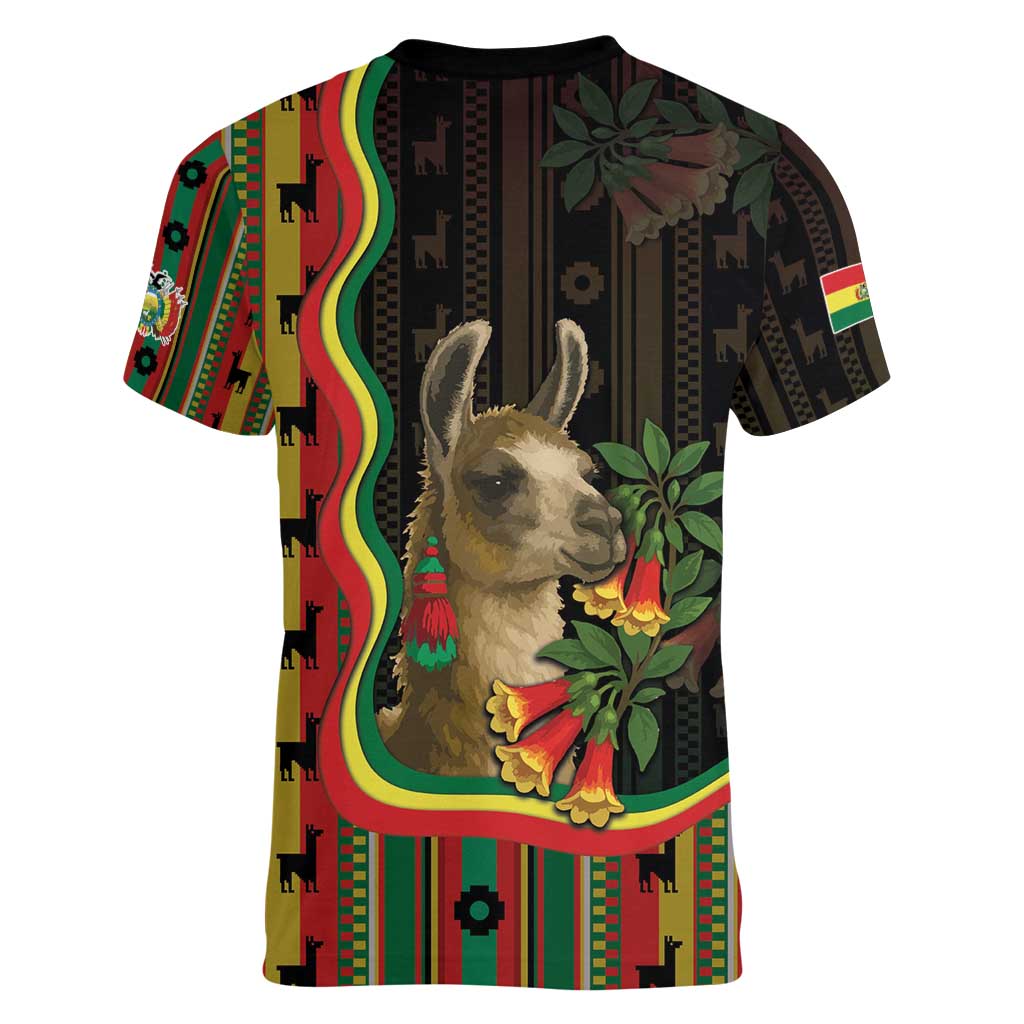Bolivia Women V-Neck T-Shirt The Llama With Kantuta Over Andean Patterns - Wonder Print Shop