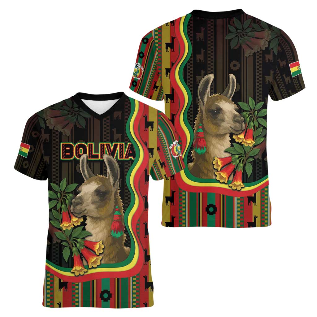 Bolivia Women V-Neck T-Shirt The Llama With Kantuta Over Andean Patterns - Wonder Print Shop
