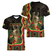 Bolivia Women V-Neck T-Shirt The Llama With Kantuta Over Andean Patterns - Wonder Print Shop