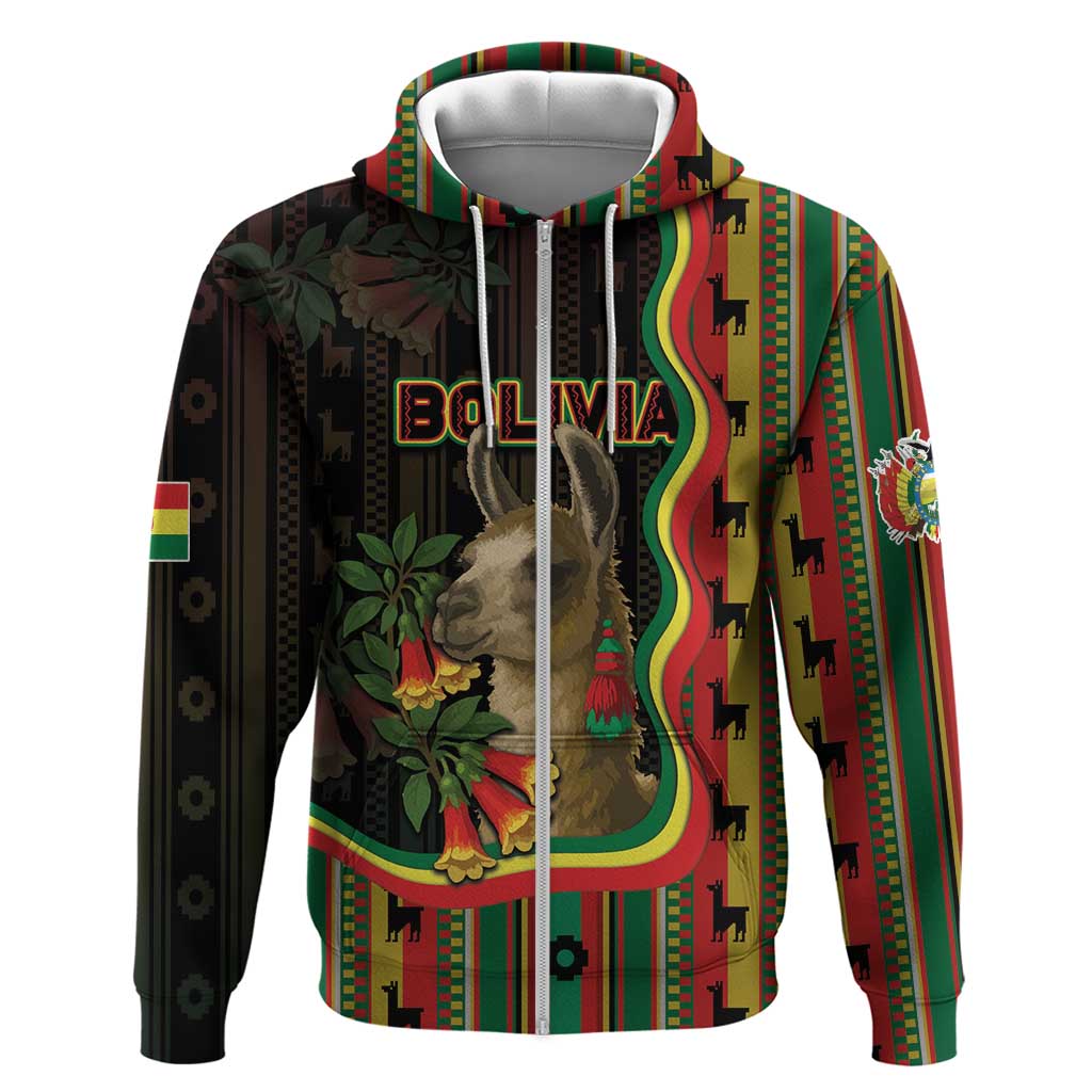 Bolivia Zip Hoodie The Llama With Kantuta Over Andean Patterns - Wonder Print Shop