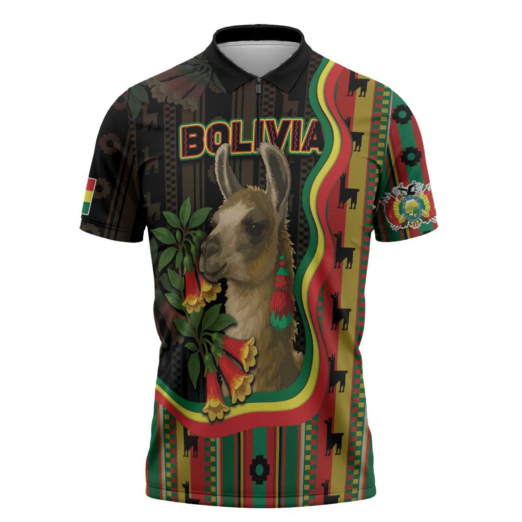 Bolivia Zipper Polo Shirt The Llama With Kantuta Over Andean Patterns - Wonder Print Shop