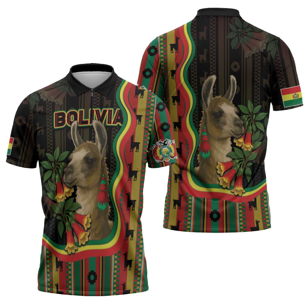Bolivia Zipper Polo Shirt The Llama With Kantuta Over Andean Patterns - Wonder Print Shop