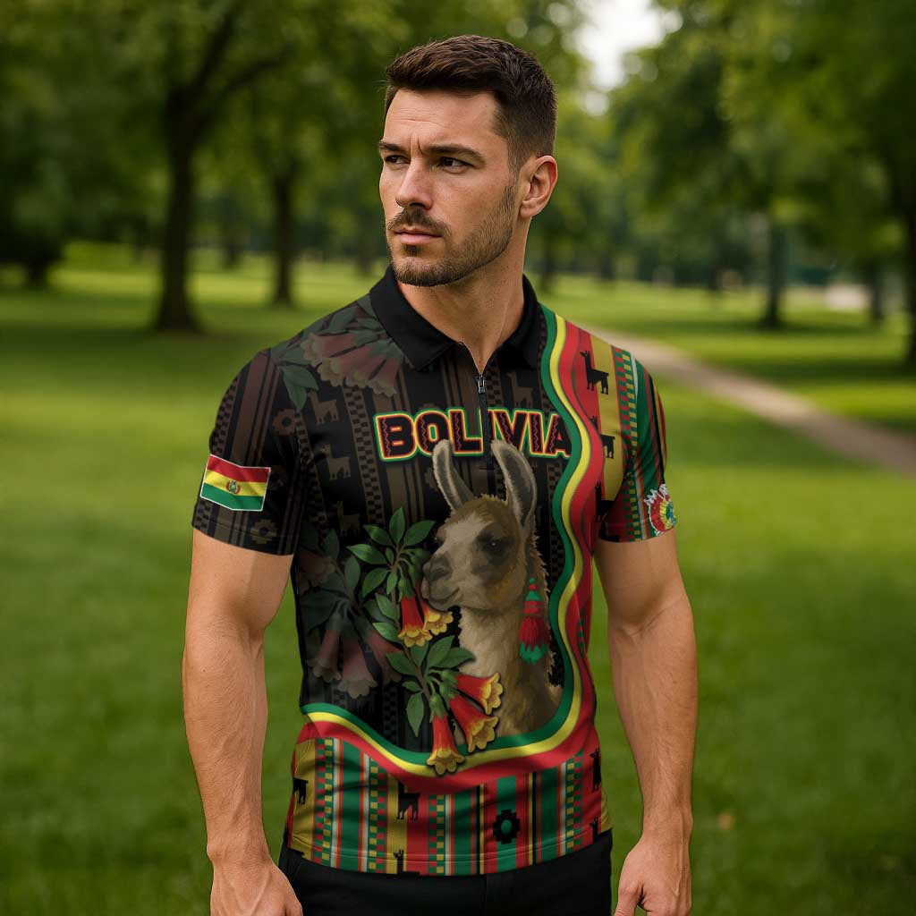 Bolivia Zipper Polo Shirt The Llama With Kantuta Over Andean Patterns - Wonder Print Shop