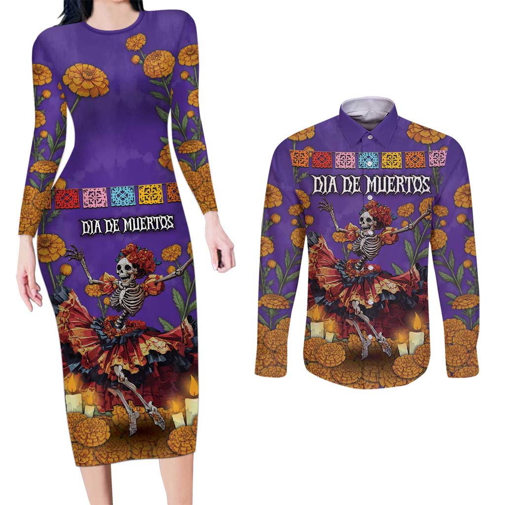 Day Of The Dead Couples Matching Long Sleeve Bodycon Dress and Long Sleeve Button Shirt Viva La Vida - Wonder Print Shop