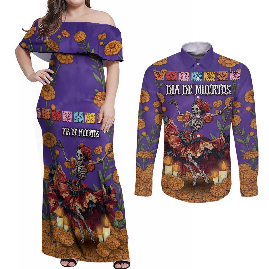 Day Of The Dead Couples Matching Off Shoulder Maxi Dress and Long Sleeve Button Shirt Viva La Vida - Wonder Print Shop