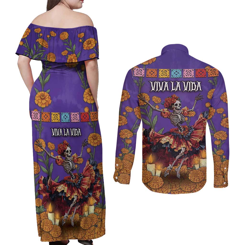 Day Of The Dead Couples Matching Off Shoulder Maxi Dress and Long Sleeve Button Shirt Viva La Vida - Wonder Print Shop