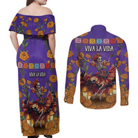 Day Of The Dead Couples Matching Off Shoulder Maxi Dress and Long Sleeve Button Shirt Viva La Vida - Wonder Print Shop