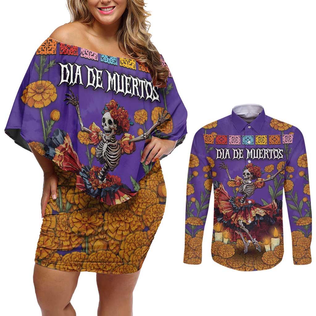 Day Of The Dead Couples Matching Off Shoulder Short Dress and Long Sleeve Button Shirt Viva La Vida - Wonder Print Shop
