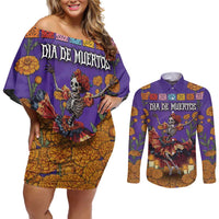 Day Of The Dead Couples Matching Off Shoulder Short Dress and Long Sleeve Button Shirt Viva La Vida - Wonder Print Shop