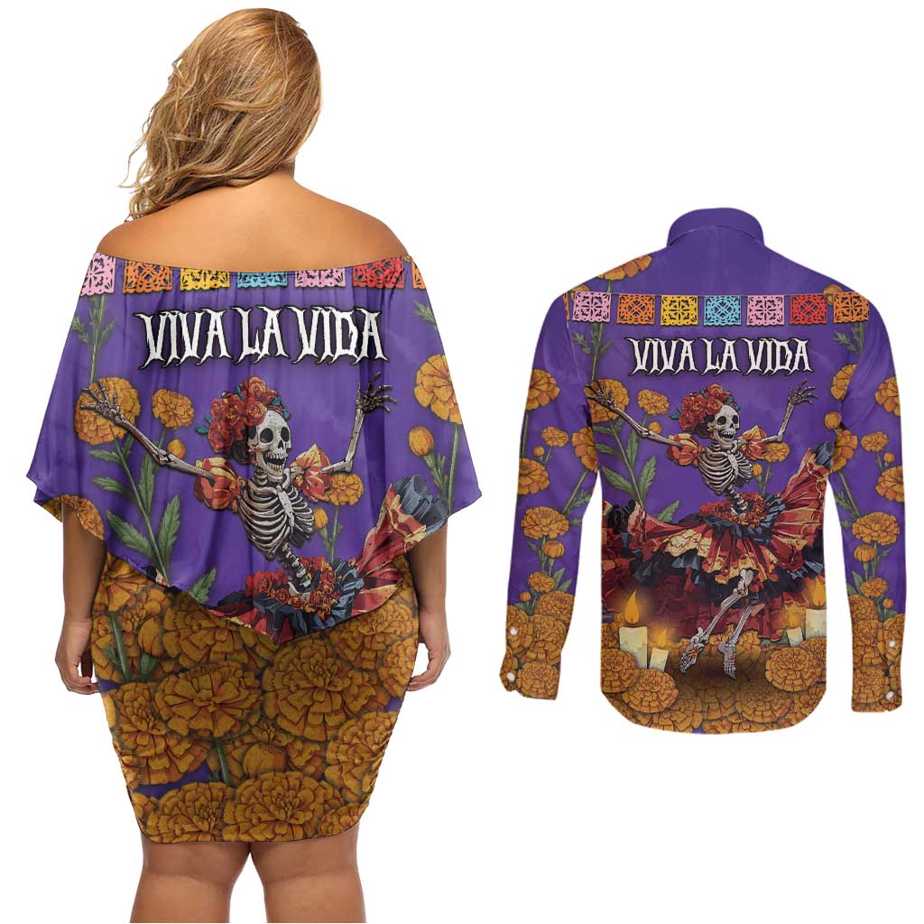 Day Of The Dead Couples Matching Off Shoulder Short Dress and Long Sleeve Button Shirt Viva La Vida - Wonder Print Shop
