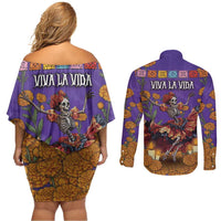 Day Of The Dead Couples Matching Off Shoulder Short Dress and Long Sleeve Button Shirt Viva La Vida - Wonder Print Shop