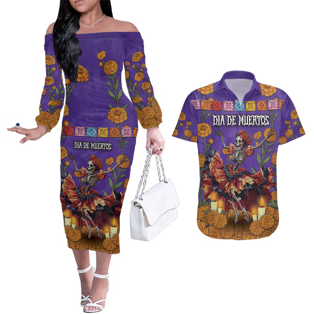 Day Of The Dead Couples Matching Off The Shoulder Long Sleeve Dress and Hawaiian Shirt Viva La Vida - Wonder Print Shop