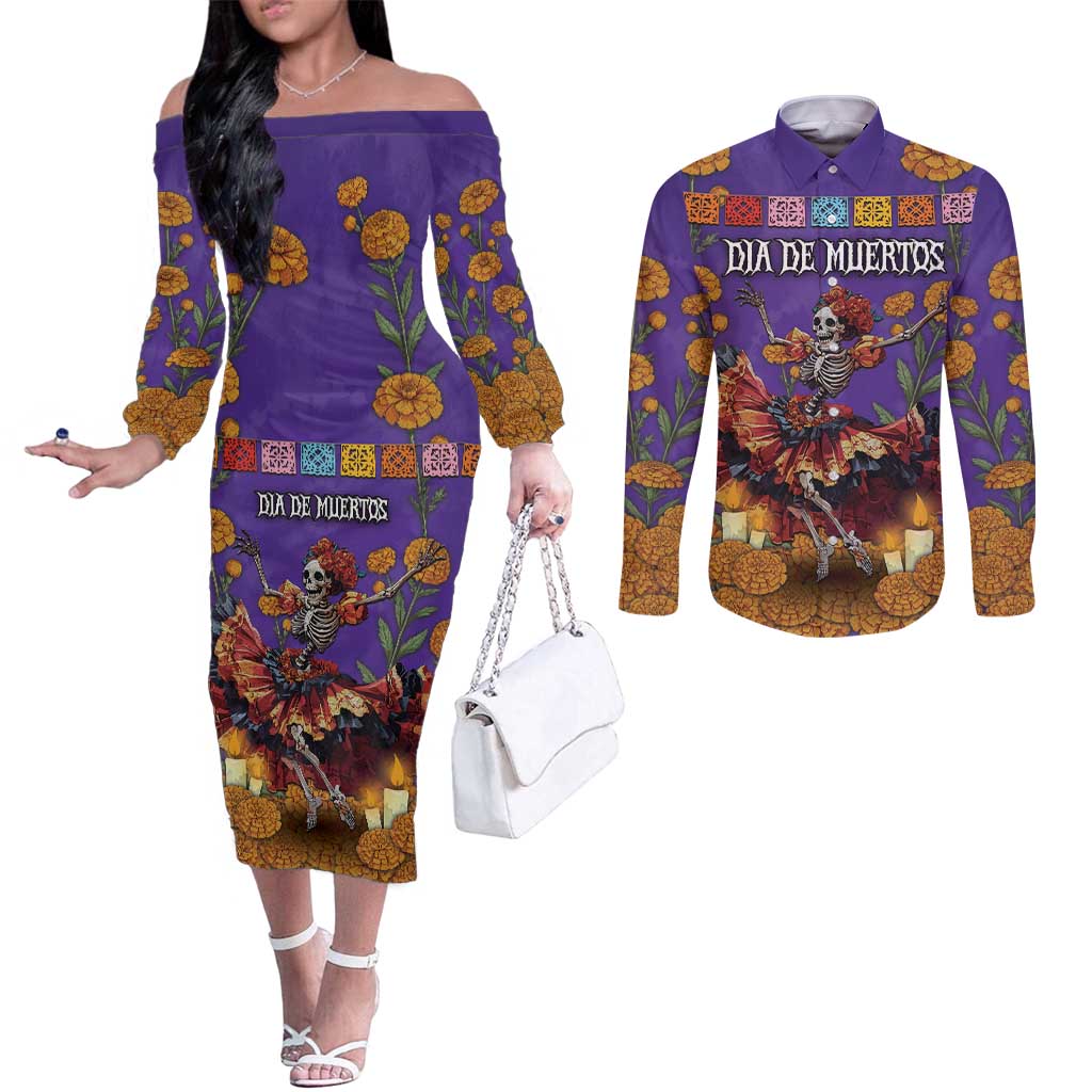 Day Of The Dead Couples Matching Off The Shoulder Long Sleeve Dress and Long Sleeve Button Shirt Viva La Vida - Wonder Print Shop