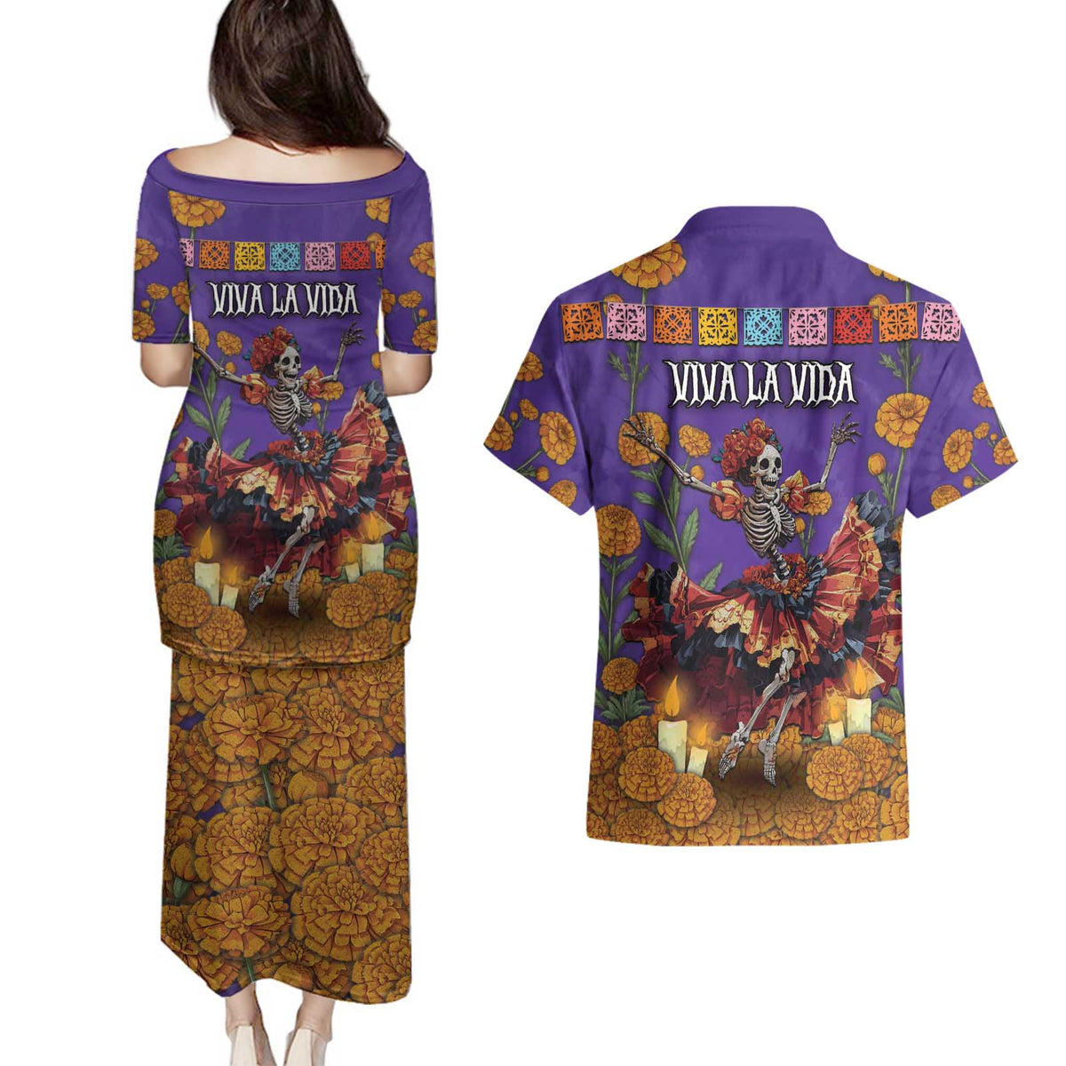 Day Of The Dead Couples Matching Puletasi and Hawaiian Shirt Viva La Vida - Wonder Print Shop