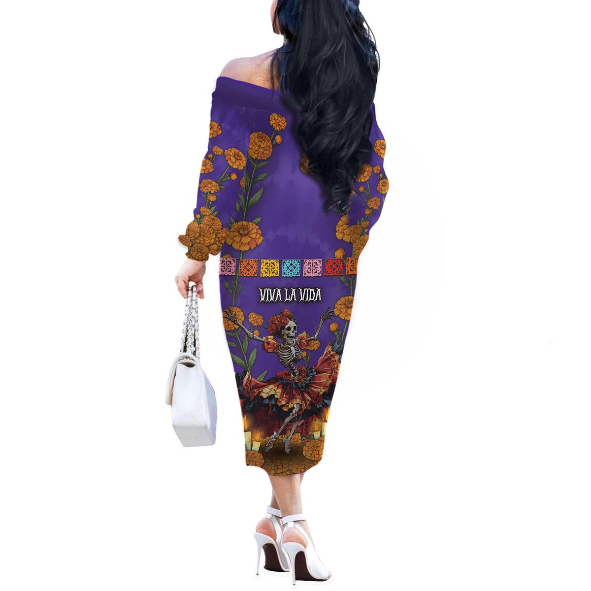 Day Of The Dead Off The Shoulder Long Sleeve Dress Viva La Vida - Wonder Print Shop