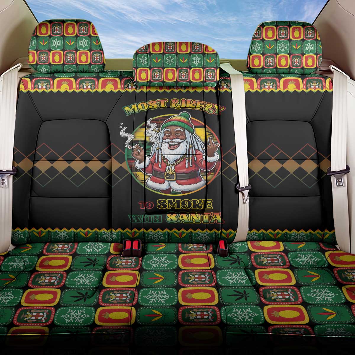 Jamaica Christmas Back Car Seat Cover Most Likely To Smoke With Santa - Wonder Print Shop