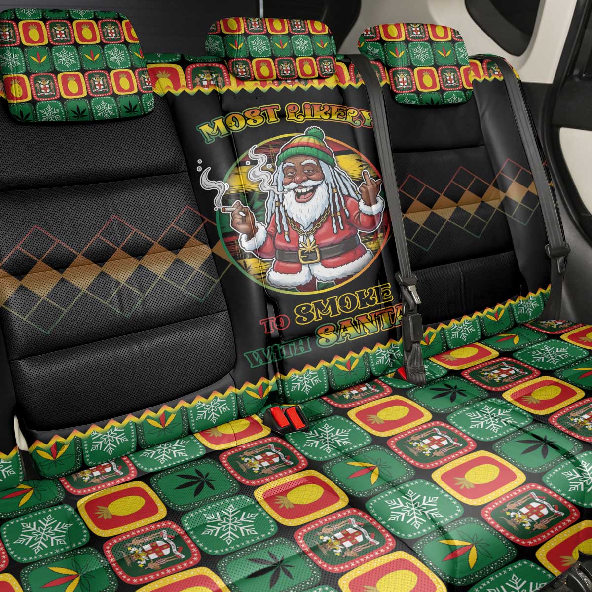 Jamaica Christmas Back Car Seat Cover Most Likely To Smoke With Santa - Wonder Print Shop