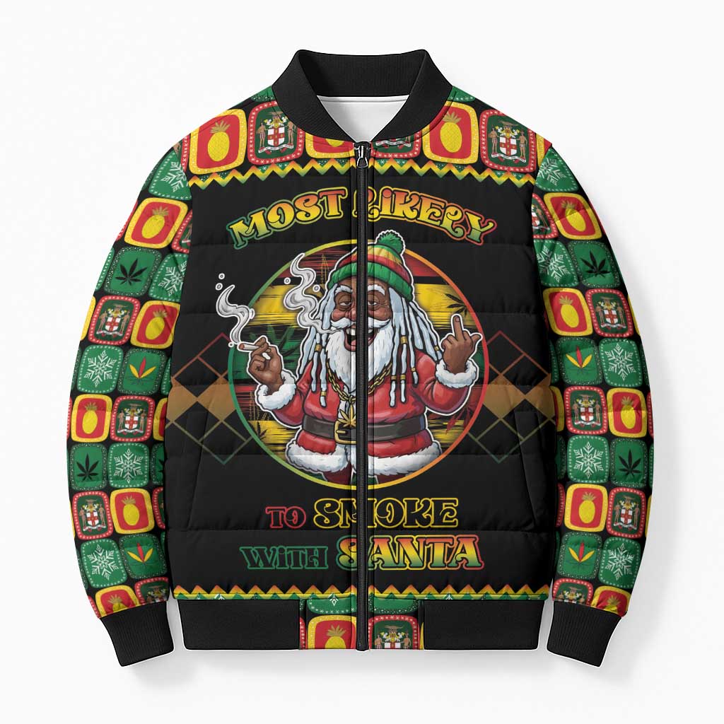 Jamaica Christmas Bomber Puffer Jacket Most Likely To Smoke With Santa - Wonder Print Shop