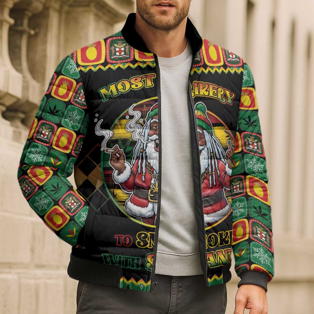 Jamaica Christmas Bomber Puffer Jacket Most Likely To Smoke With Santa - Wonder Print Shop