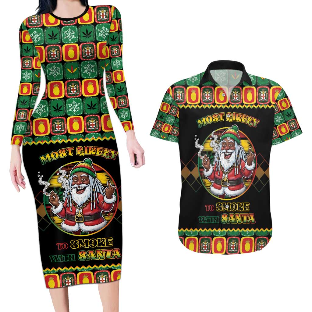 Jamaica Christmas Couples Matching Long Sleeve Bodycon Dress and Hawaiian Shirt Most Likely To Smoke With Santa - Wonder Print Shop