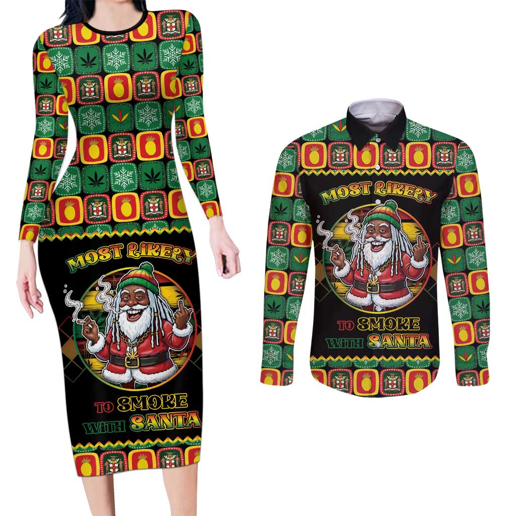 Jamaica Christmas Couples Matching Long Sleeve Bodycon Dress and Long Sleeve Button Shirt Most Likely To Smoke With Santa - Wonder Print Shop