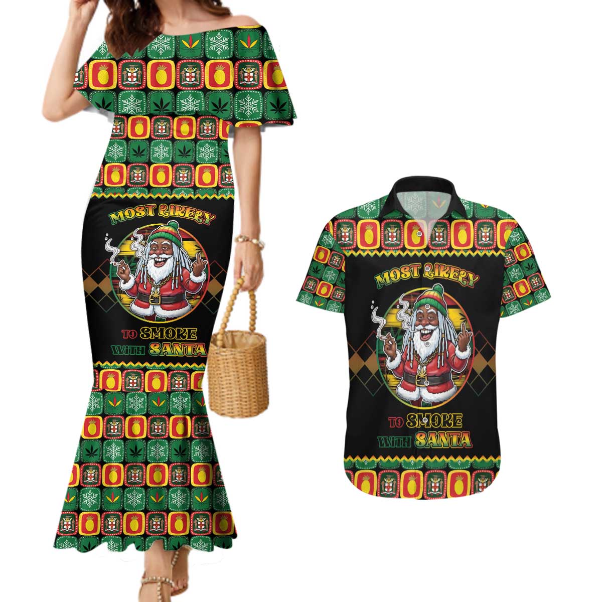 Jamaica Christmas Couples Matching Mermaid Dress and Hawaiian Shirt Most Likely To Smoke With Santa - Wonder Print Shop