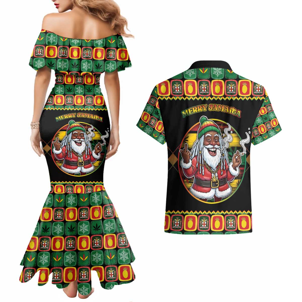 Jamaica Christmas Couples Matching Mermaid Dress and Hawaiian Shirt Most Likely To Smoke With Santa - Wonder Print Shop