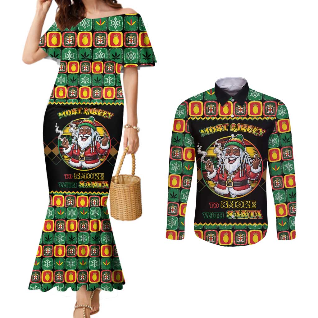 Jamaica Christmas Couples Matching Mermaid Dress and Long Sleeve Button Shirt Most Likely To Smoke With Santa - Wonder Print Shop