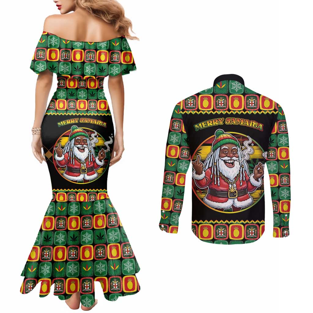 Jamaica Christmas Couples Matching Mermaid Dress and Long Sleeve Button Shirt Most Likely To Smoke With Santa - Wonder Print Shop