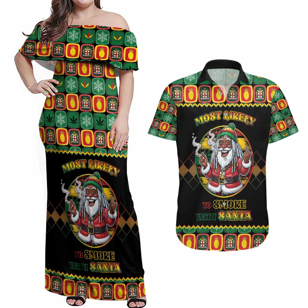 Jamaica Christmas Couples Matching Off Shoulder Maxi Dress and Hawaiian Shirt Most Likely To Smoke With Santa - Wonder Print Shop