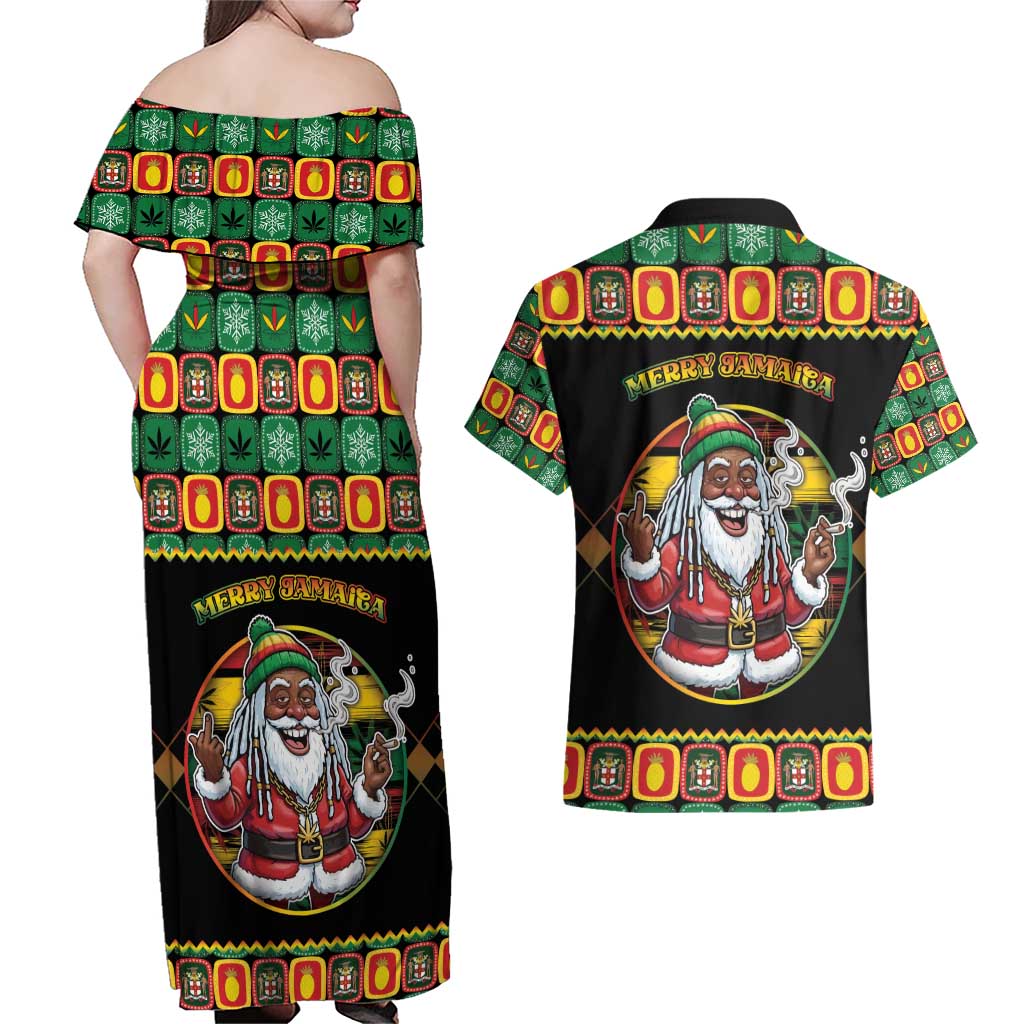 Jamaica Christmas Couples Matching Off Shoulder Maxi Dress and Hawaiian Shirt Most Likely To Smoke With Santa - Wonder Print Shop