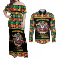 Jamaica Christmas Couples Matching Off Shoulder Maxi Dress and Long Sleeve Button Shirt Most Likely To Smoke With Santa - Wonder Print Shop