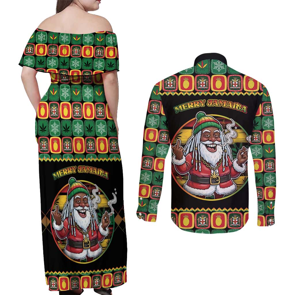 Jamaica Christmas Couples Matching Off Shoulder Maxi Dress and Long Sleeve Button Shirt Most Likely To Smoke With Santa - Wonder Print Shop