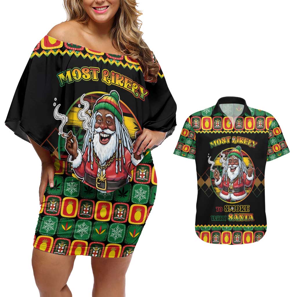 Jamaica Christmas Couples Matching Off Shoulder Short Dress and Hawaiian Shirt Most Likely To Smoke With Santa - Wonder Print Shop