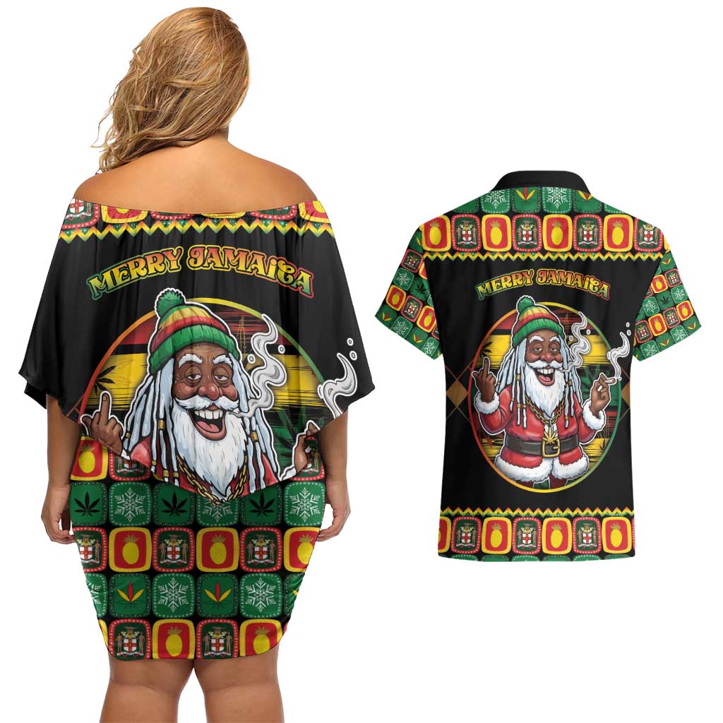 Jamaica Christmas Couples Matching Off Shoulder Short Dress and Hawaiian Shirt Most Likely To Smoke With Santa - Wonder Print Shop