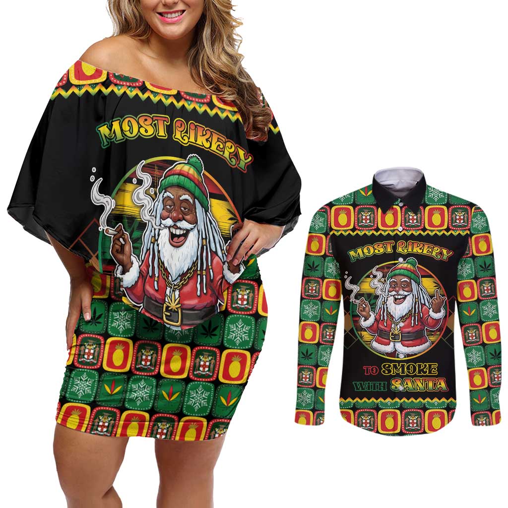 Jamaica Christmas Couples Matching Off Shoulder Short Dress and Long Sleeve Button Shirt Most Likely To Smoke With Santa - Wonder Print Shop