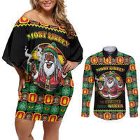 Jamaica Christmas Couples Matching Off Shoulder Short Dress and Long Sleeve Button Shirt Most Likely To Smoke With Santa - Wonder Print Shop