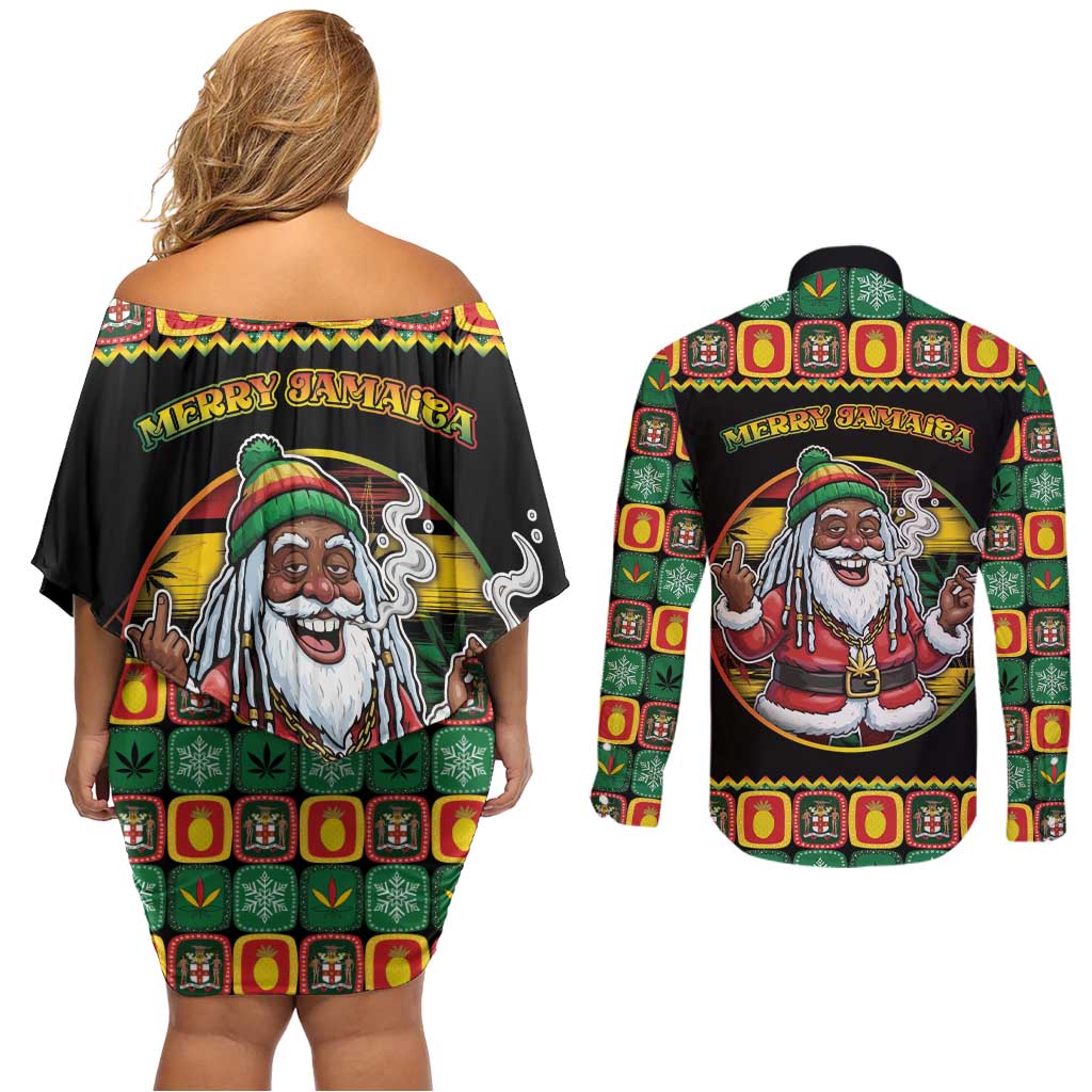 Jamaica Christmas Couples Matching Off Shoulder Short Dress and Long Sleeve Button Shirt Most Likely To Smoke With Santa - Wonder Print Shop