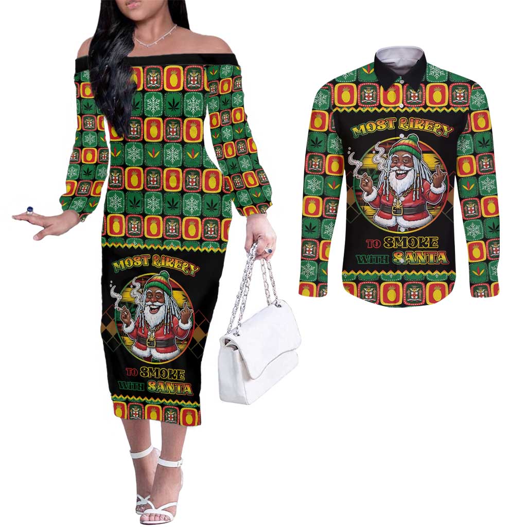 Jamaica Christmas Couples Matching Off The Shoulder Long Sleeve Dress and Long Sleeve Button Shirt Most Likely To Smoke With Santa - Wonder Print Shop