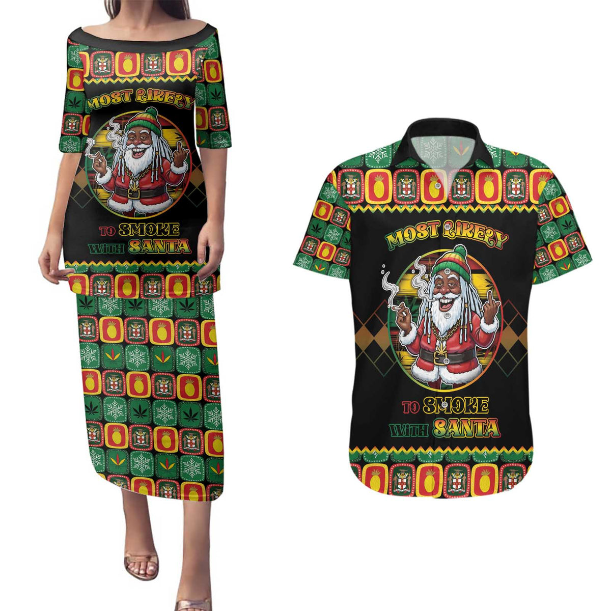 Jamaica Christmas Couples Matching Puletasi and Hawaiian Shirt Most Likely To Smoke With Santa - Wonder Print Shop