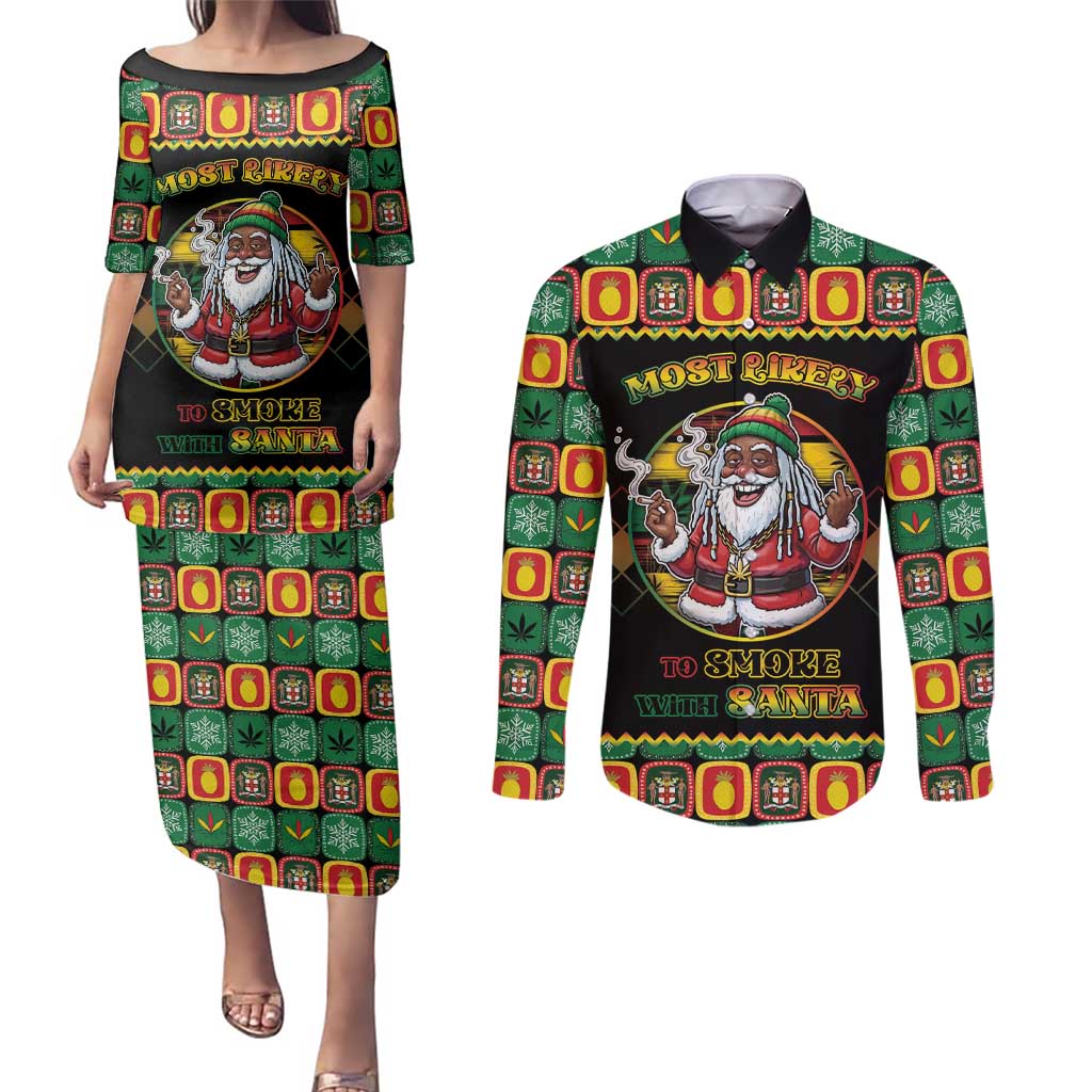 Jamaica Christmas Couples Matching Puletasi and Long Sleeve Button Shirt Most Likely To Smoke With Santa - Wonder Print Shop