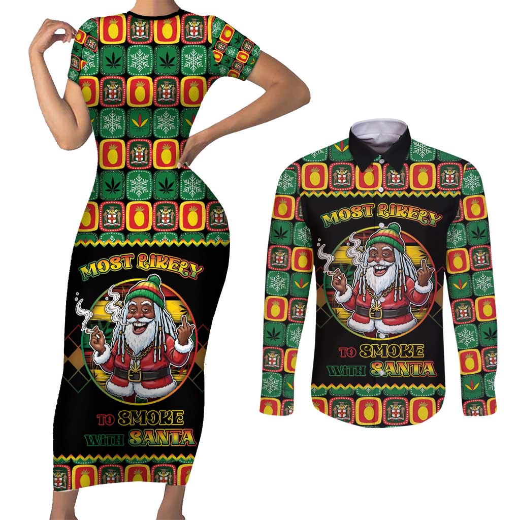 Jamaica Christmas Couples Matching Short Sleeve Bodycon Dress and Long Sleeve Button Shirt Most Likely To Smoke With Santa - Wonder Print Shop