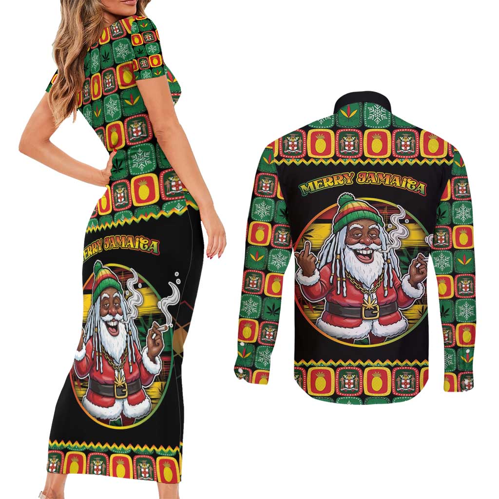 Jamaica Christmas Couples Matching Short Sleeve Bodycon Dress and Long Sleeve Button Shirt Most Likely To Smoke With Santa - Wonder Print Shop