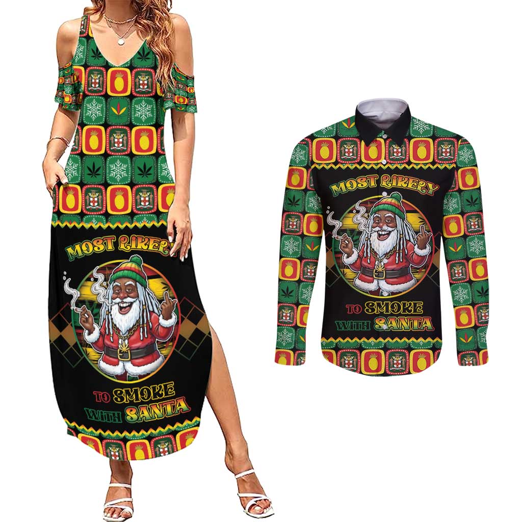 Jamaica Christmas Couples Matching Summer Maxi Dress and Long Sleeve Button Shirt Most Likely To Smoke With Santa - Wonder Print Shop
