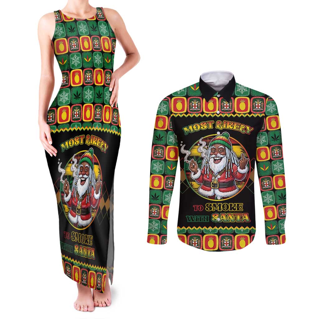 Jamaica Christmas Couples Matching Tank Maxi Dress and Long Sleeve Button Shirt Most Likely To Smoke With Santa - Wonder Print Shop