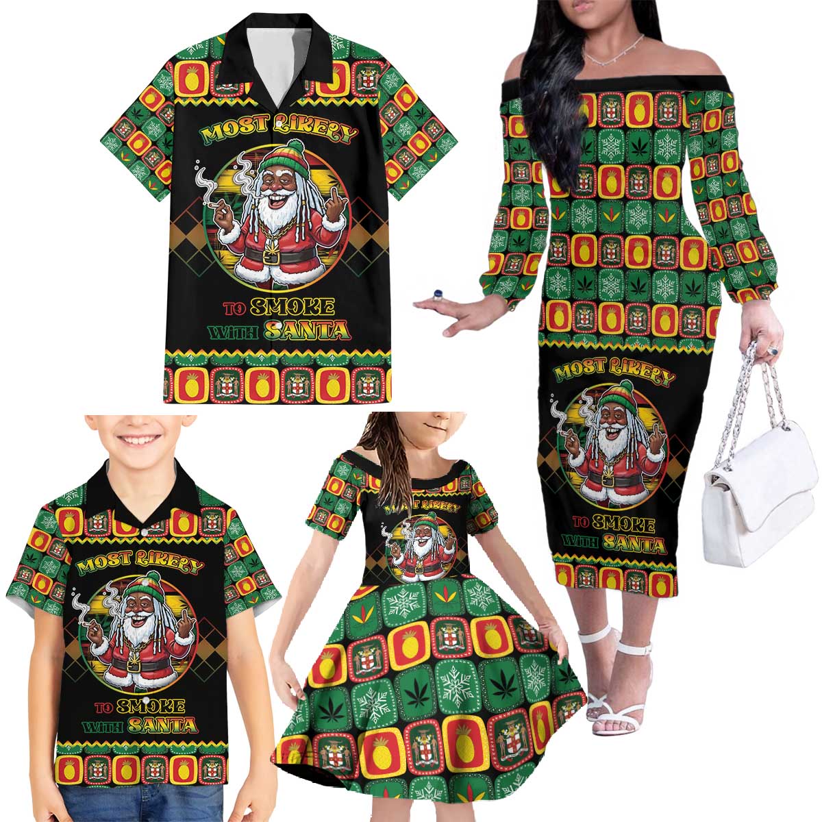 Jamaica Christmas Family Matching Off The Shoulder Long Sleeve Dress and Hawaiian Shirt Most Likely To Smoke With Santa - Wonder Print Shop