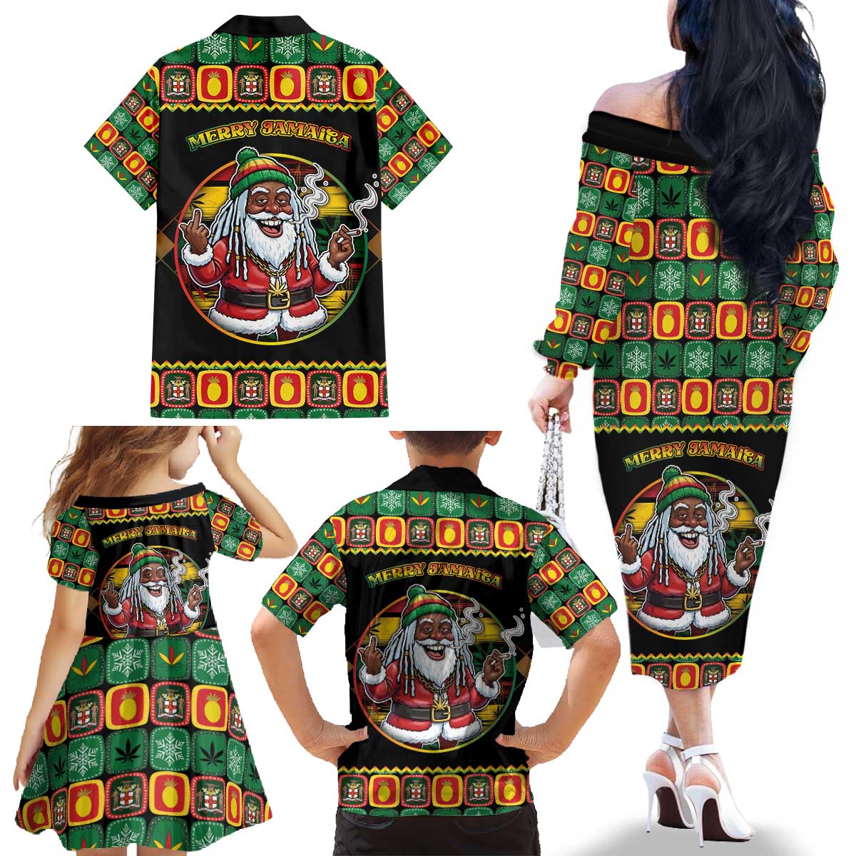 Jamaica Christmas Family Matching Off The Shoulder Long Sleeve Dress and Hawaiian Shirt Most Likely To Smoke With Santa - Wonder Print Shop