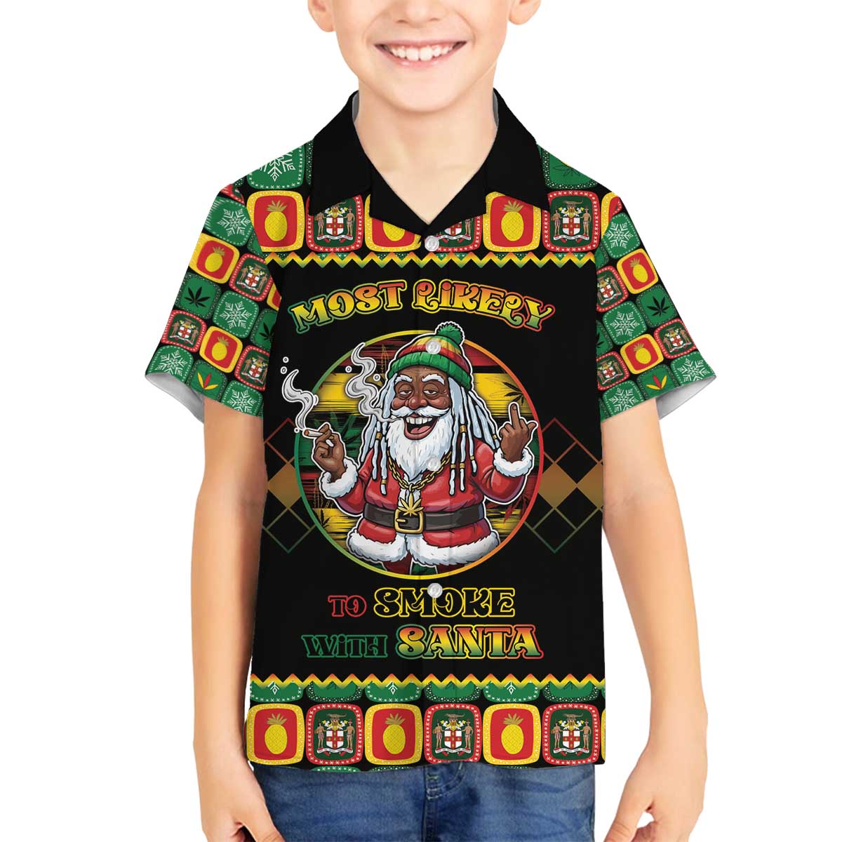 Jamaica Christmas Family Matching Off The Shoulder Long Sleeve Dress and Hawaiian Shirt Most Likely To Smoke With Santa - Wonder Print Shop