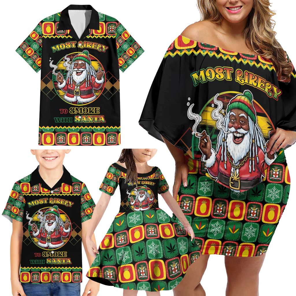 Jamaica Christmas Family Matching Off Shoulder Short Dress and Hawaiian Shirt Most Likely To Smoke With Santa - Wonder Print Shop