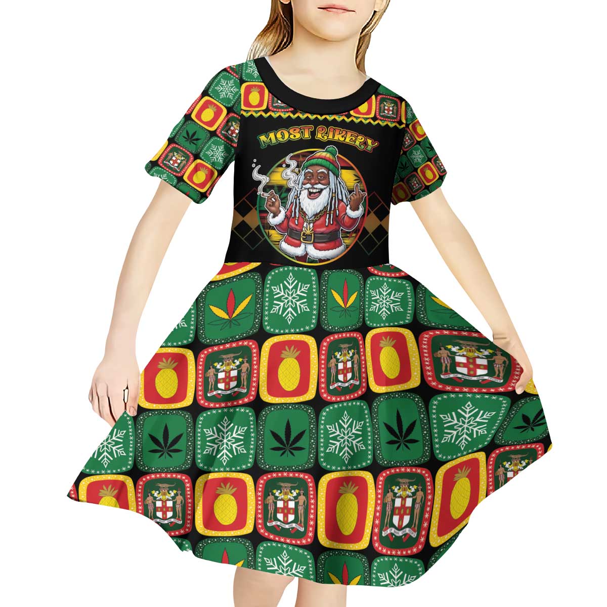 Jamaica Christmas Kid Short Sleeve Dress Most Likely To Smoke With Santa - Wonder Print Shop